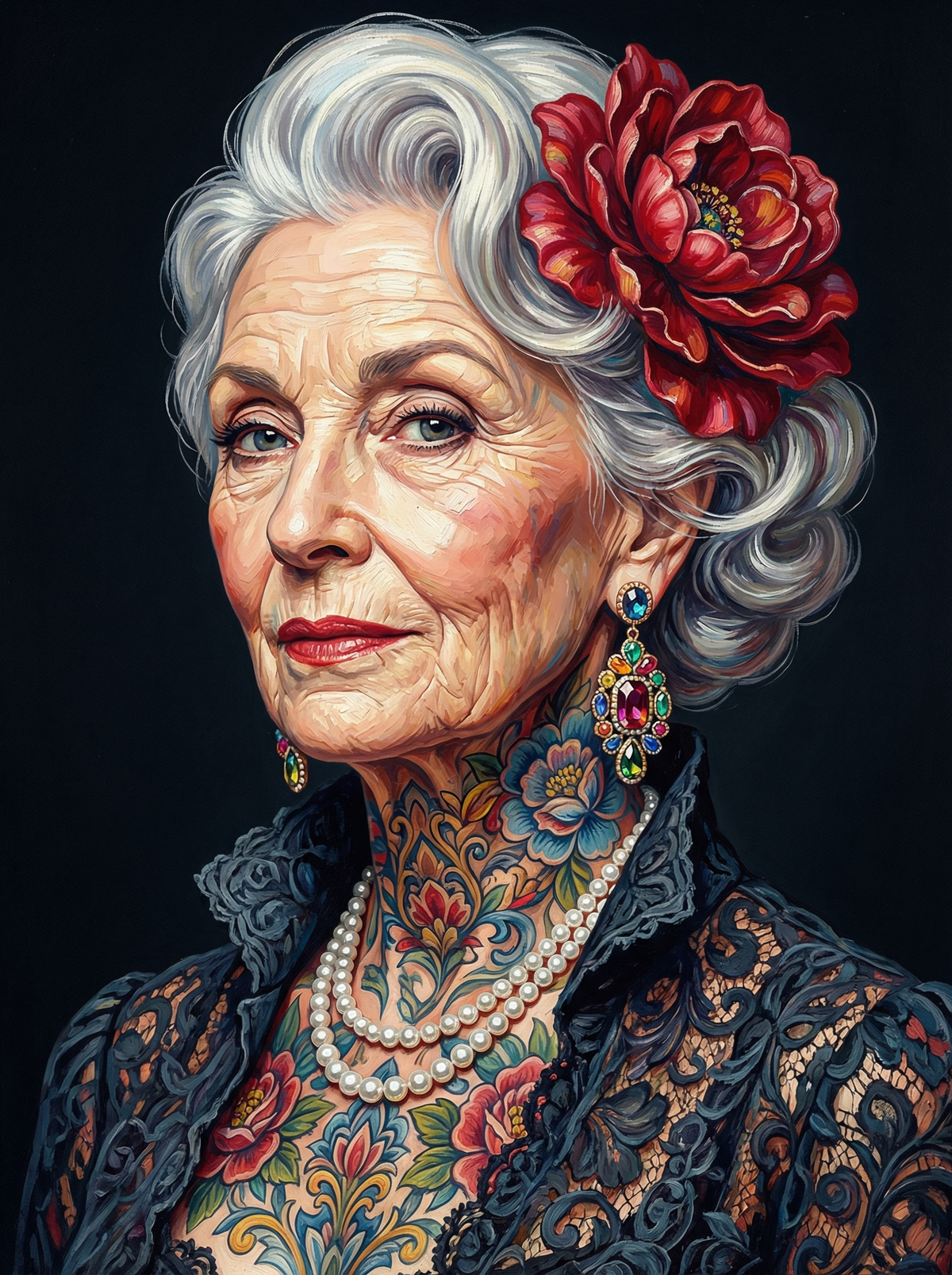 Floral Tattooed Elder Woman (80 Colours)