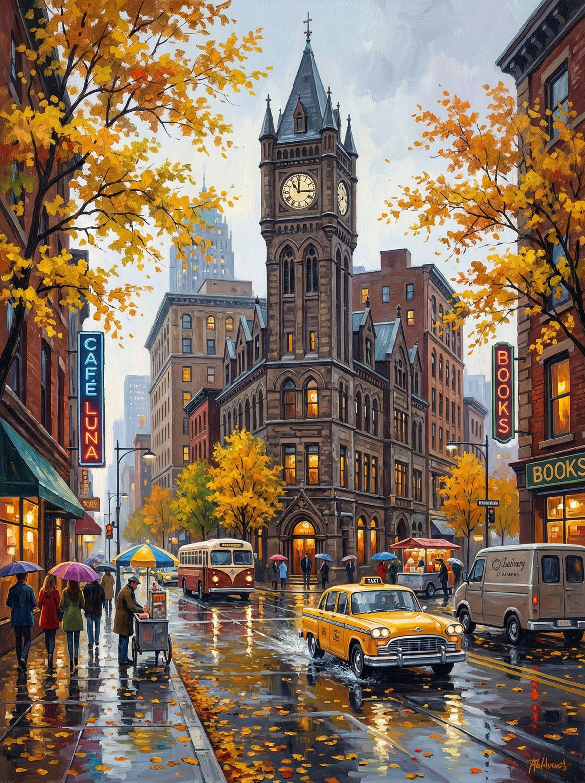 Rainy City Clock Tower Taxi Street (80 Colours)