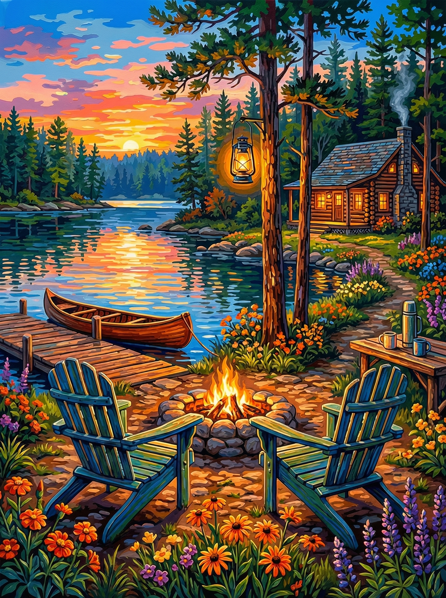 Lakeside Cabin Sunset (80 Colours)
