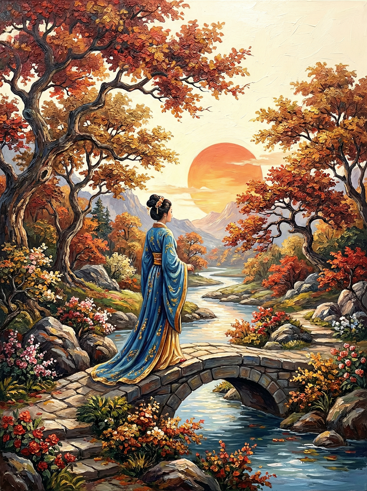Woman Autumn Bridge Sunset (80 Colours)