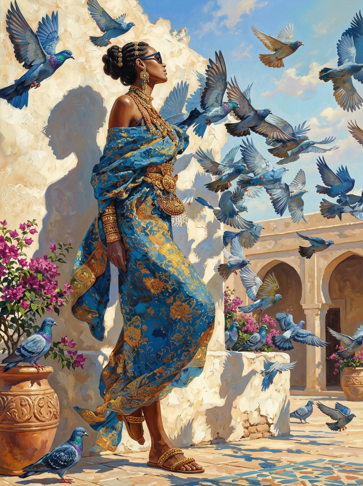 Woman With Flying Blue Birds (80 Colours)
