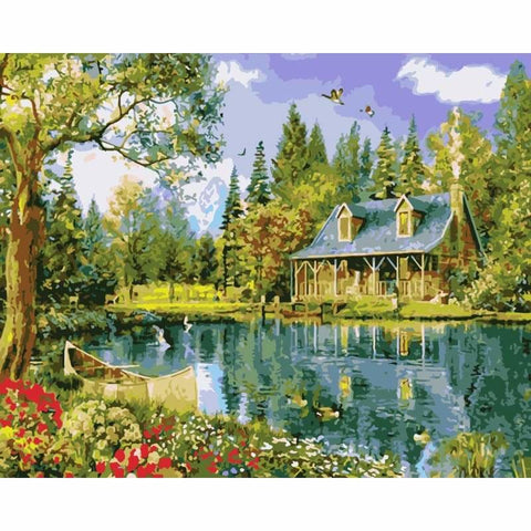 Landscape Quite Lakeside Cottage Diy Paint By Numbers Kits WM-205 - NEEDLEWORK KITS