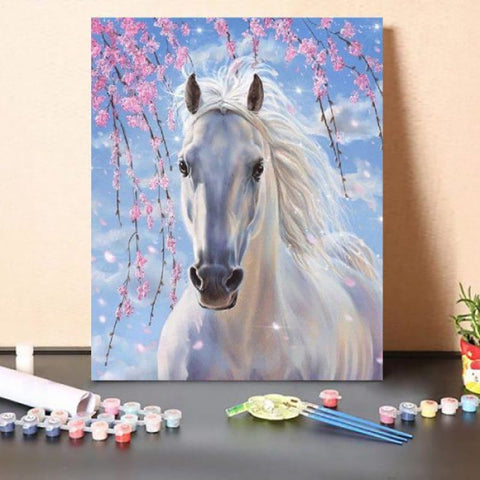 Paint By Numbers Kit – White Horse with Flowers