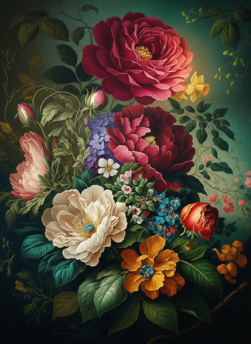 Crimson and Teal Flowers (80 Colours)