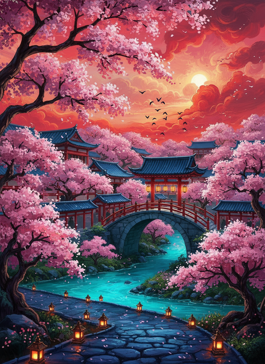 Lantern Bridge at Dusk (80 Colours)