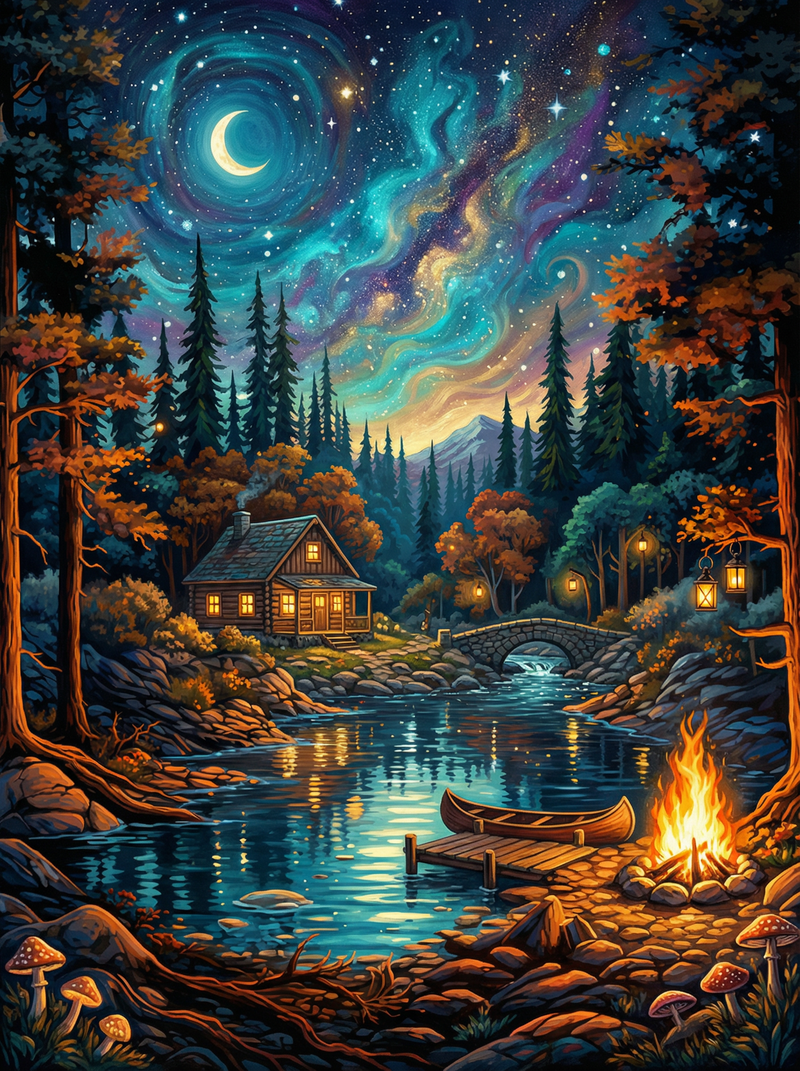 Moonlit Forest Cabin (80 Colours)