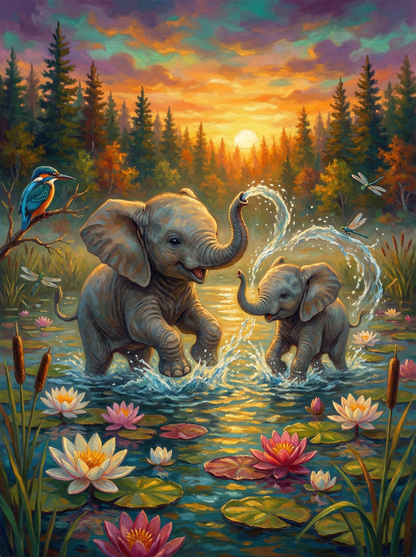 Sunset Pond Baby Elephants (120 Colours)