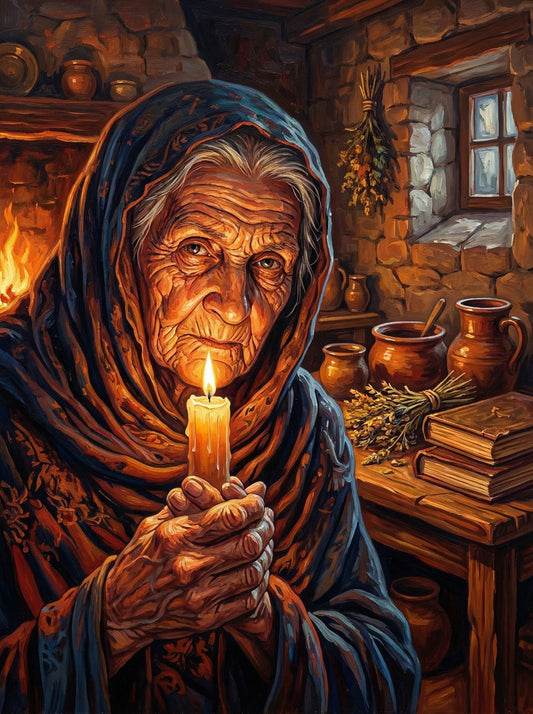 Elderly Woman Cottage Candlelight (120 Colours)