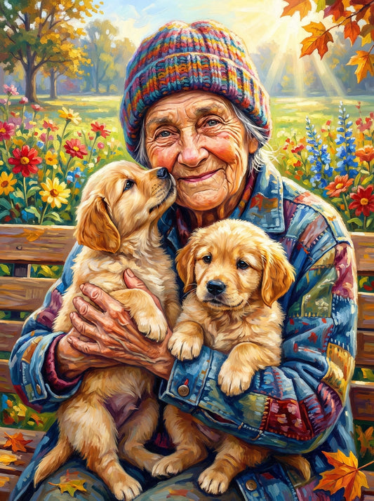 Elderly Woman Holding Golden Retrievers (120 Colours)
