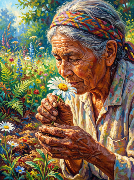 Grandmother Holding White Flower (120 Colours)