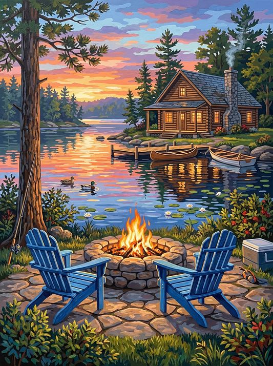 Lakeside Cabin Fireplace Sunset (120 Colours)