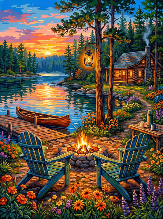 Lakeside Cabin Sunset (80 Colours)