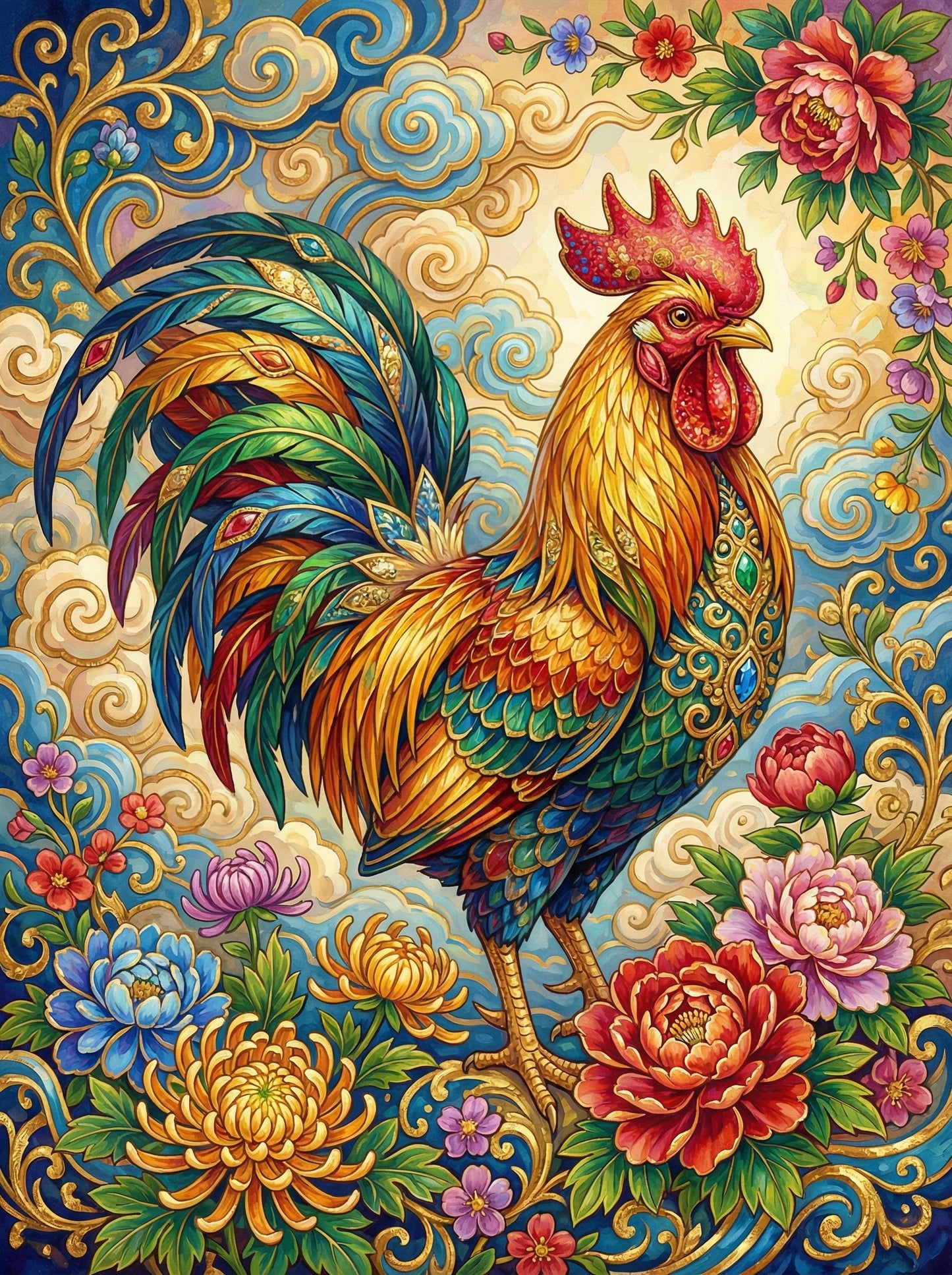 Ornate Rooster With Flowers (80 Colours)