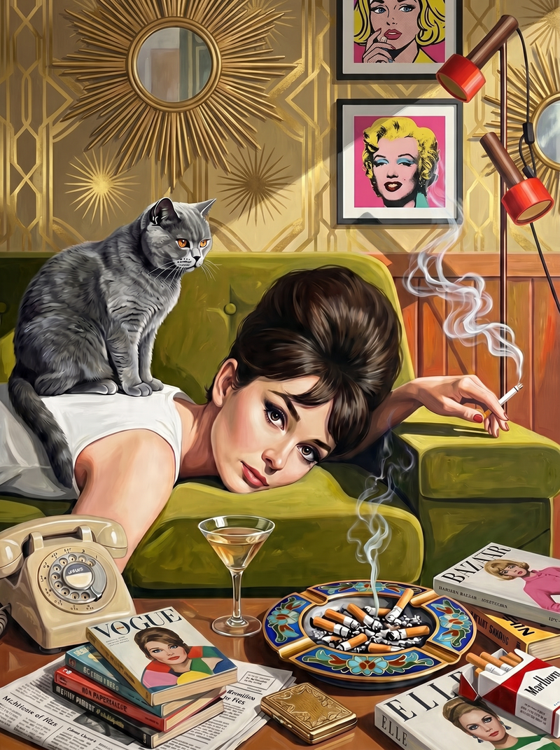Retro Pinup With Cat (80 Colours)
