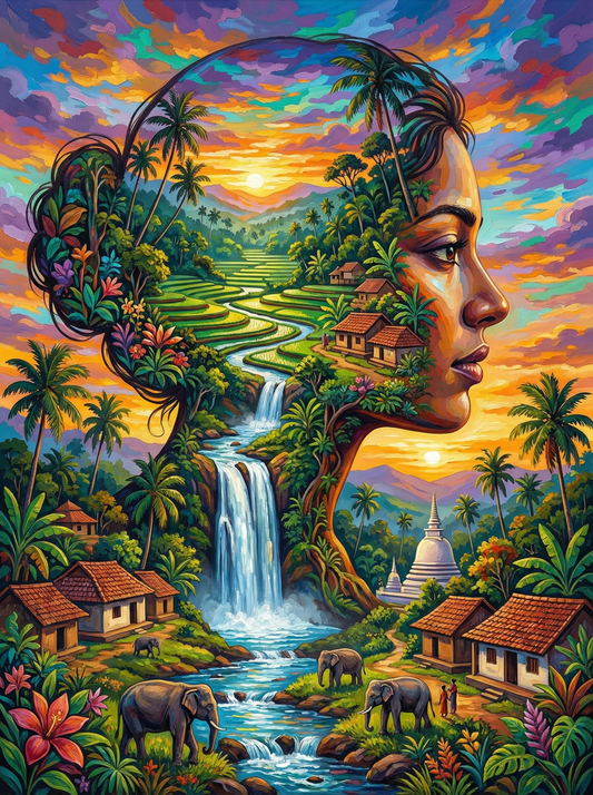 Tropical Village Waterfall Portrait (80 Colours)
