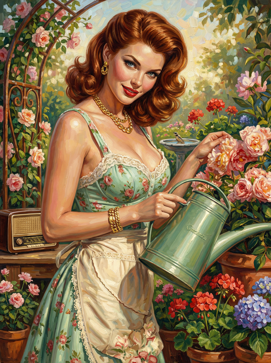 Vintage Woman Watering Garden (120 Colours)