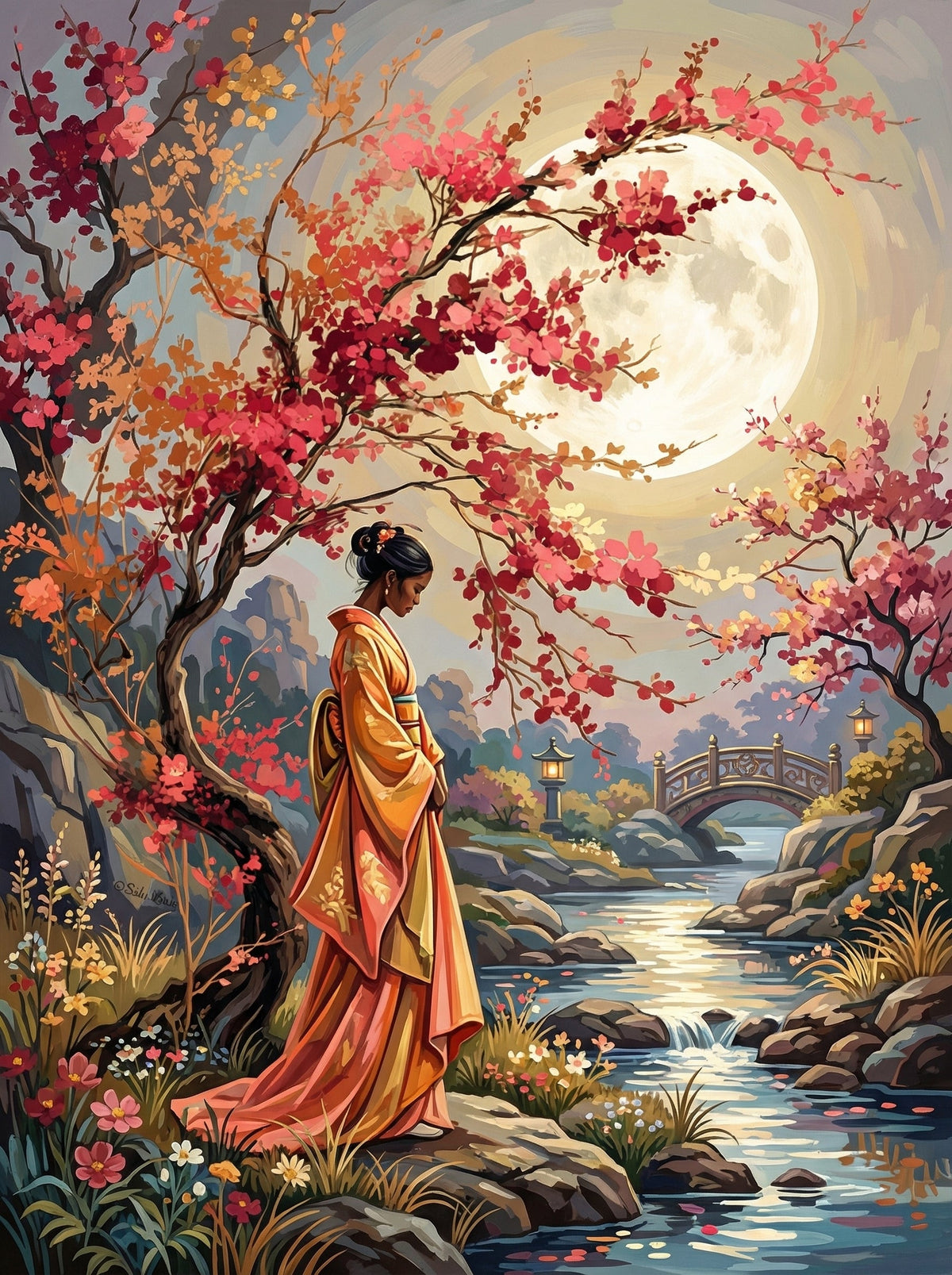 Woman Moonlit Cherry Blossoms (80 Colours)