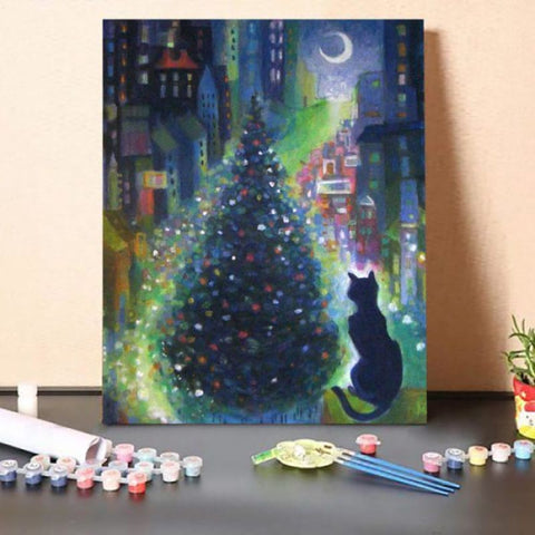 Cat By Christmas Tree-Paint by Numbers Kit