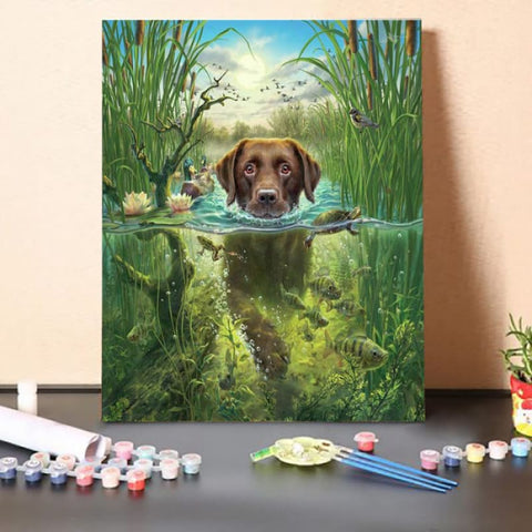 Paint by Numbers Kit-Dog Swimming In The Pond