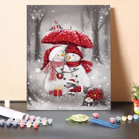 Paint By Numbers Kit-Snowmen With Umbrella IV